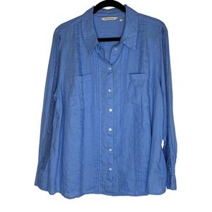 Soft Surroundings Periwinkle Blue 100% Linen Pintuck Lace Sleeve Button Shirt XL